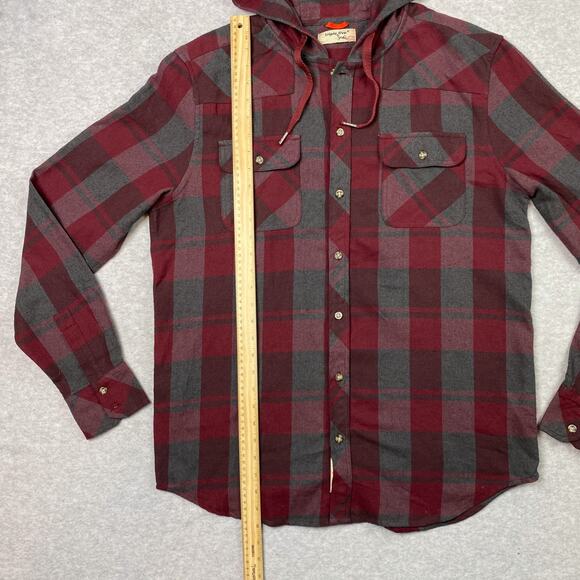 Triple Five Soul Mens L Hooded Shirt Long Sleeve Button Up Red Grey Plaid - Picture 5 of 9